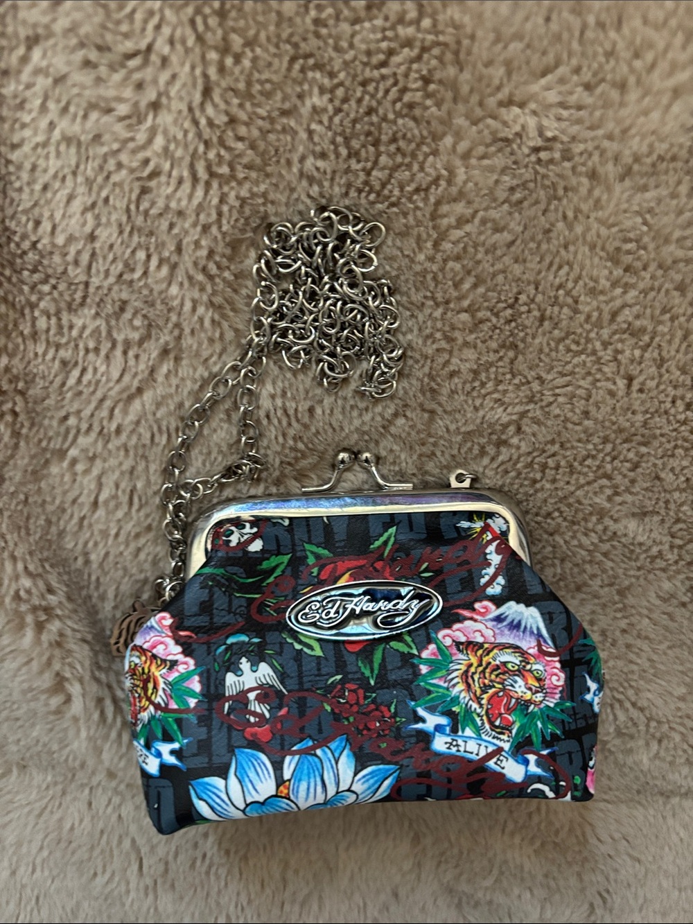 Ed Hardy Black Floral & Multi-Color Chain Clutch Wristlet and kiss lock